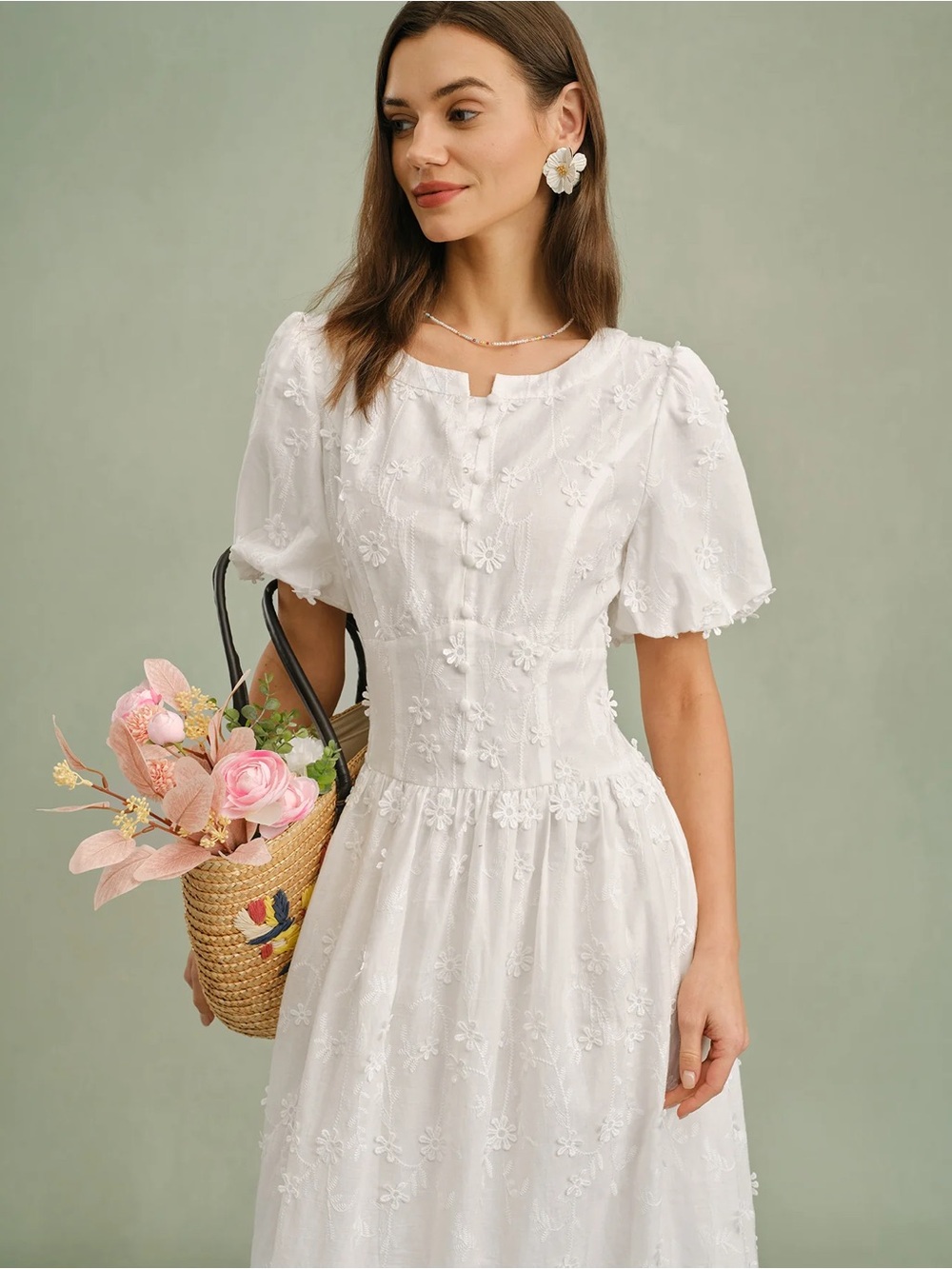 Rihoas White Round Neck Floral Midi Dress - Picture 2 of 9